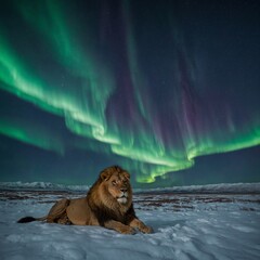 A lion basking under the northern lights in an Arctic tundra setting.