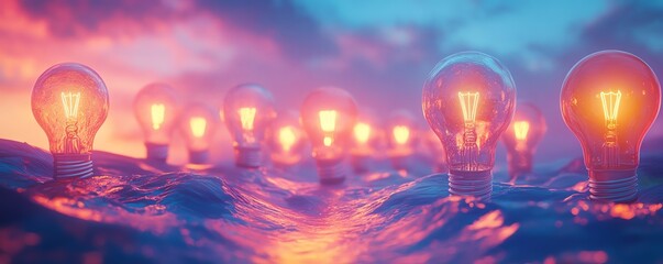 Illuminated lightbulbs brightening up the sky, glowing with vibrant colors, floating in a surreal landscape, symbolizing creativity and inspiration, Generative AI illustration