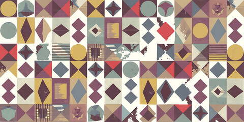 Obraz premium A geometric pattern with a variety of shapes, including circles, triangles, squares, and lines