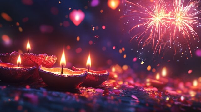 Dynamic Diwali design with traditional diya lamps, fireworks bursting into colorful sparks, and fanus lanterns glowing in the sky.