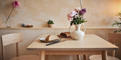  of a casual dining setup with a light wood table and simple chairs