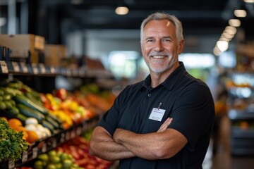 Fototapeta premium A confident male grocery store employee stands proudly in front of fresh fruits and vegetables, showcasing commitment to healthy eating and excellent customer service.