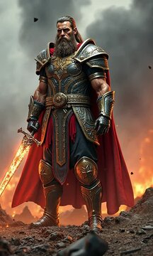 T&yacute;r, the god of war and justice, standing boldly with a commanding presence, symbolizing bravery and fairness in Norse mythology