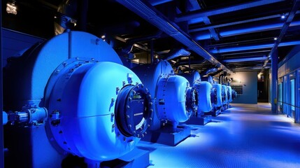 Industrial Equipment in Blue Lighting of Modern Facility Space