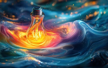 Liquid glass lightbulb glowing in bright colors, surrounded by abstract swirls of light, symbolizing creative thought and inspiration, Generative AI illustration