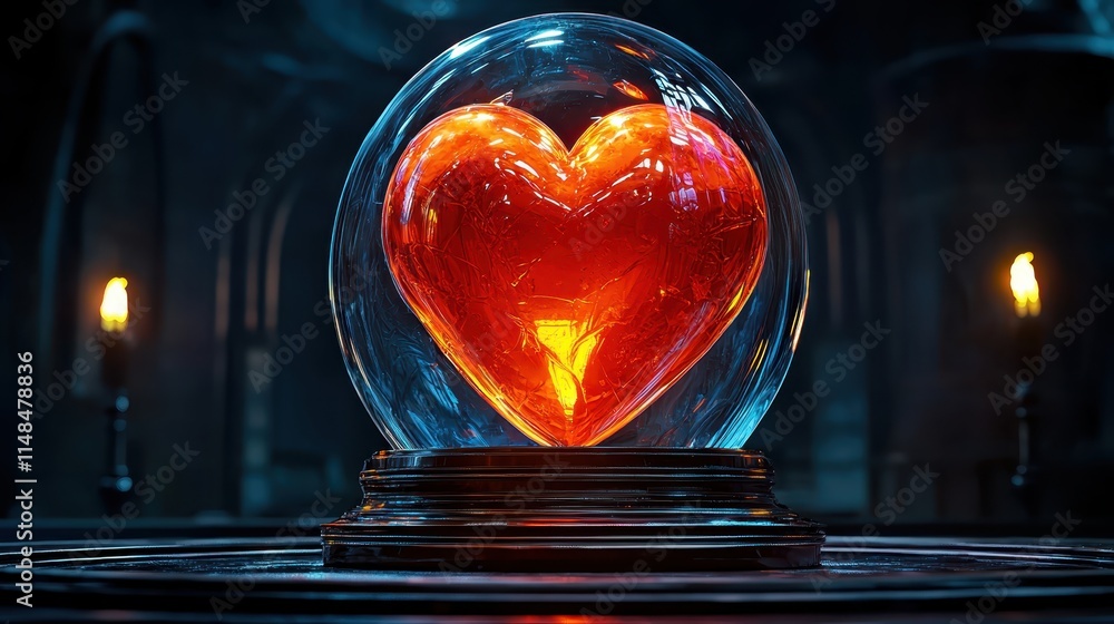 Poster glowing heart inside glass sphere with candlelight background in mysterious setting