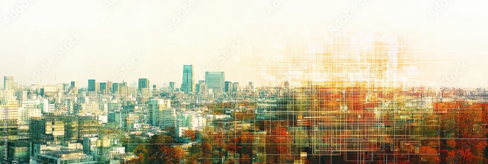 Aufkleber cityscape featuring a digital neural network illustrating artificial intelligence integration in urb