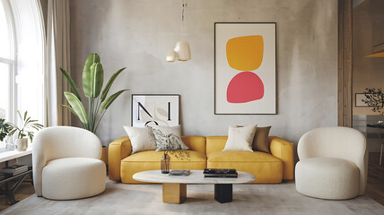 Modern living room with yellow sofa, cream chairs, and abstract art.
