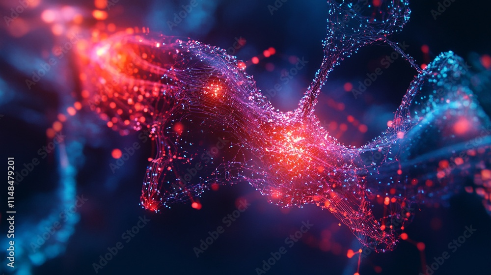 Poster vibrant abstract representation of interconnected particles in a dark environment with glowing eleme