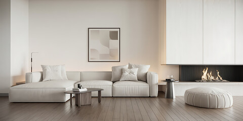 A minimalist interior design of a modern living room with a white sofa, pouf, and side table near a fireplace against a white wall with a poster frame