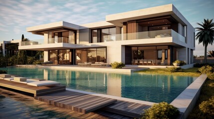Fototapeta premium Modern Luxury Home With Infinity Pool And Landscaping