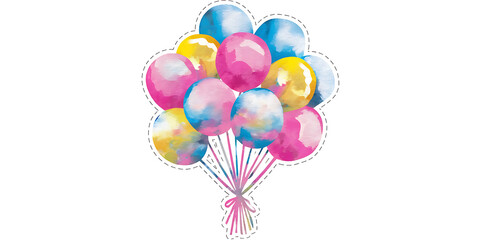 A watercolor style illustration of a bouquet of balloons in pink, blue, and yellow