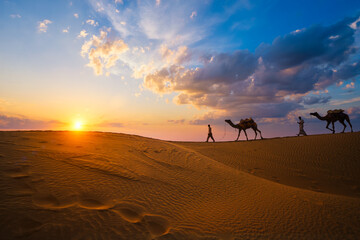 Indian cameleers camel drivers bedouin with camel silhouettes in sand dunes of Thar desert on sunset. Caravan in Rajasthan travel tourism background safari adventure. Jaisalmer, Rajasthan, India