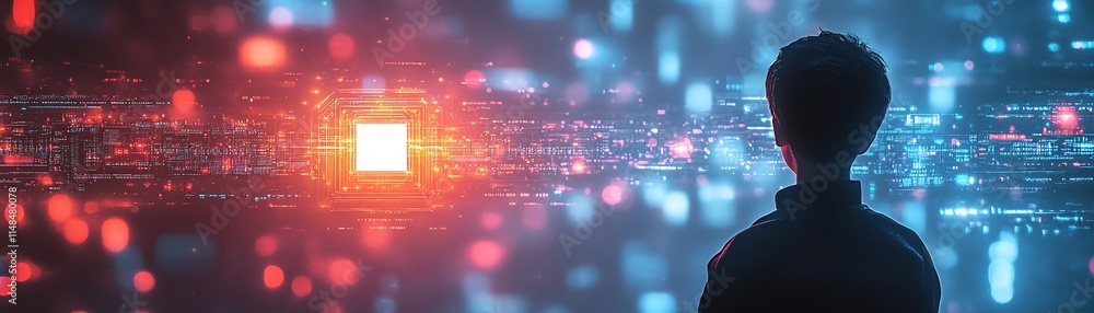 Poster person holding a glowing ai processing board in a digital hightech environment, data streams, futuri
