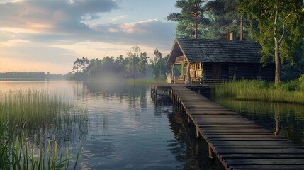 Fototapeta premium A peaceful lake house, with a dock leading to calm waters and a charming rustic design,