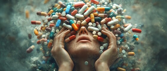 Overwhelmed person taking too many pills, surrounded by a mountain of medication, stressed and anxious expression, Generative AI digital art