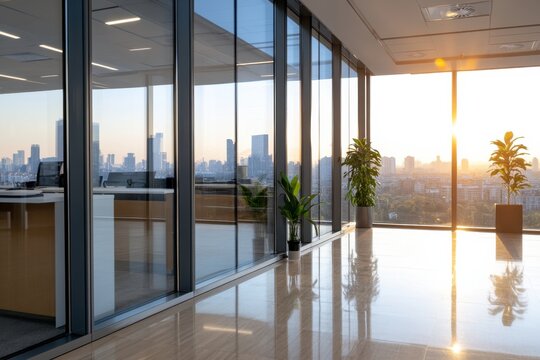 Fototapeta A modern office interior featuring large glass windows, showcasing a stunning sunset view of the city skyline, creating a warm and inviting atmosphere.