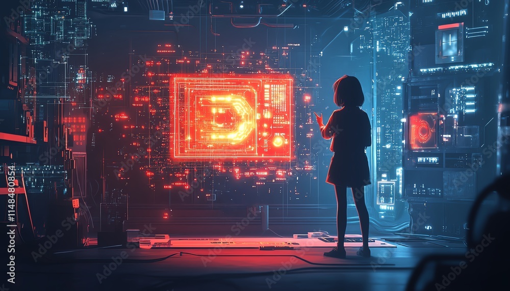 Poster person interacting with an ai processing board in a hightech lab, advanced circuits glowing, digital