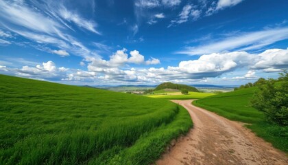 Fototapeta premium a view of a dirt road going through a green field