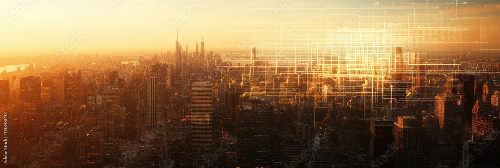 Aufkleber cityscape infused with digital neural network illustrating ai integration and urban innovation at su