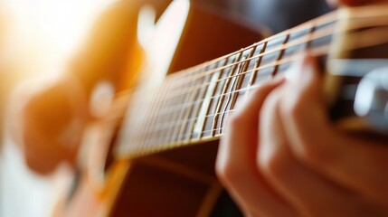 Hands strumming a guitar near a window with warm sunlight streaming in during the afternoon