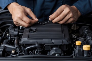 Mechanic repair concept with engine adjustment. Hands working on an engine, focusing on maintenance and repair tasks
