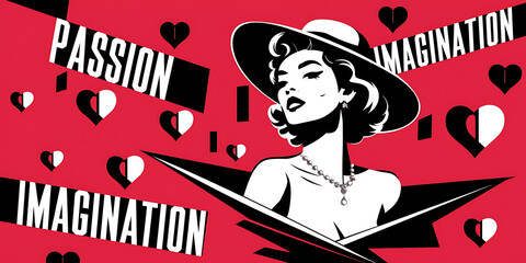 A bold graphic design concept of a stylish monochrome woman emerging from a red background