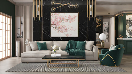 Modern living room with a neutral color palette and gold accents.
