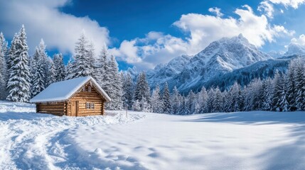 Winter Christmas Scene with Snow and Cabin