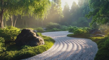 Zen Garden with Manicured Rocks and Lush Greenery.