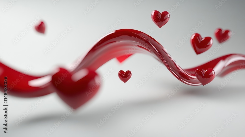 Poster flowing red hearts on a soft background with 3d effect