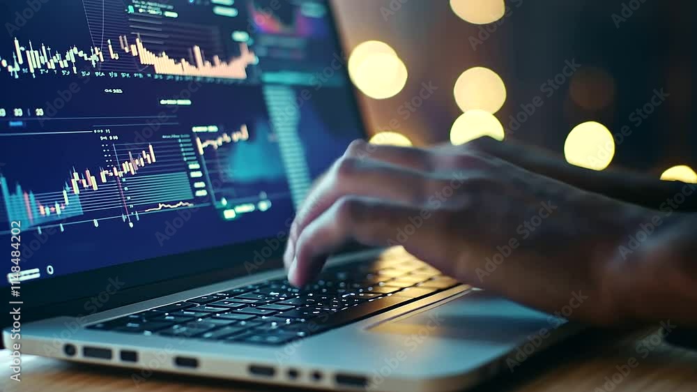 Poster close up hands typing on laptop with ai data dashboard
