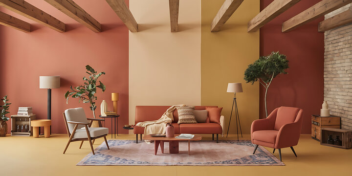 A warm color palette of terracotta, beige, and mustard yellow creates a welcoming environment