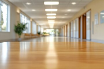 Fototapeta premium Wood table in contemporary hospital stylish interior with empty copy space on the table