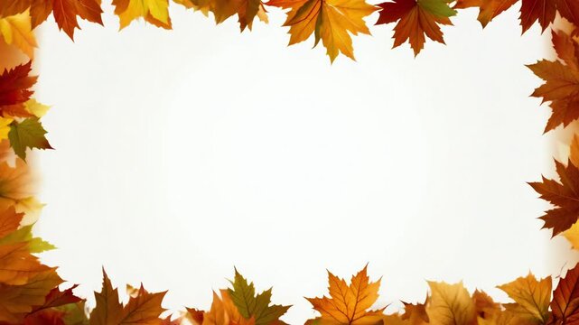 Maple leaves rotating around the border screen in vibrant autumn colors , leaving a central blank area. Perfect for seasonal, design, and holiday concepts.
