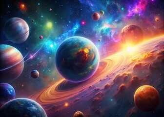 Obraz premium Abstract Glowing Planets, Electric Colors, Cosmic Dust, Dark Space, Nebula, Stars, Low Light Photography