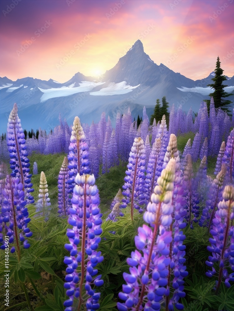 Wall mural Blooming meadow among mountains. High peaks and flowers. Beauty in nature.