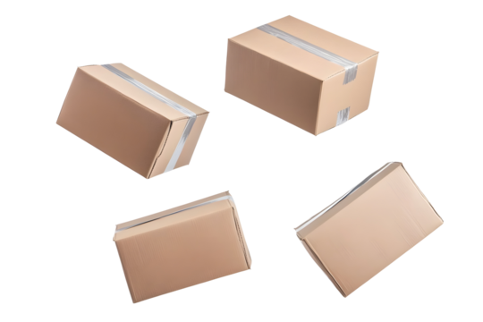 Floating cardboard boxes isolated on a transparent background