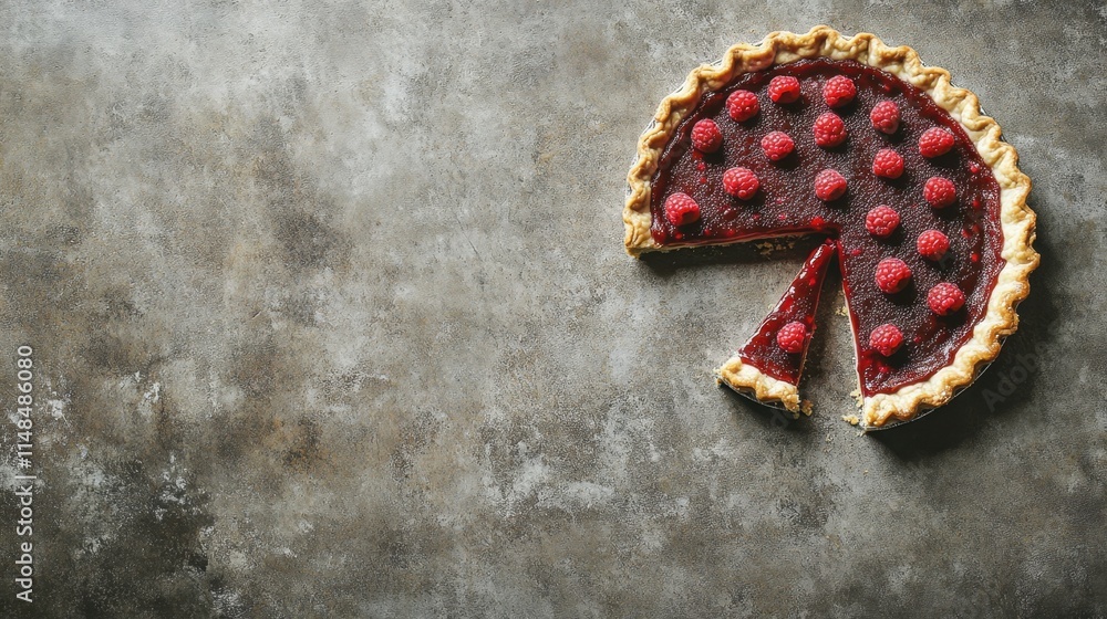 Poster delicious raspberry pie on a textured gray surface with slice removed