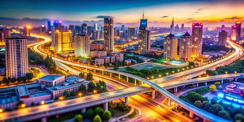 Fototapeta premium Zhengzhou CBD Night Aerial Tilt-Shift: Overpass Panorama, Henan, China