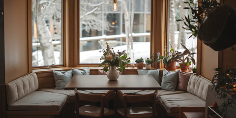 Fototapeta premium of a window seat with a dining table in a cozy room