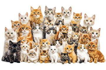 A huge group of cats isolated on a transparent background