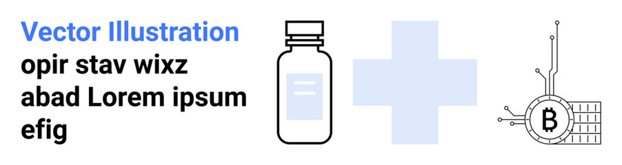 Fototapeta premium Medicine bottle, healthcare cross, and Bitcoin symbol interconnected with tech circuits. Ideal for health tech, blockchain in healthcare, pharmaceutical, medical technology, cryptocurrency, financial
