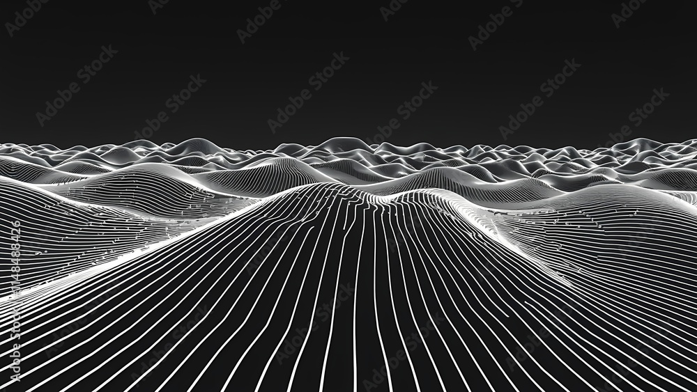 Poster abstract black and blue wave pattern with curved lines and digital texture, showcasing 3d motion and