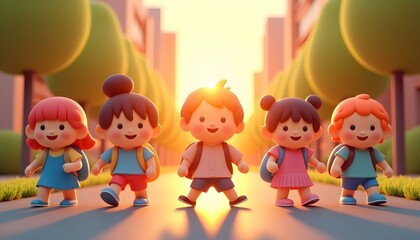 Fototapeta premium This illustration depicts a group of students walking to school early in the morning, bathed in the warm glow of the rising sun