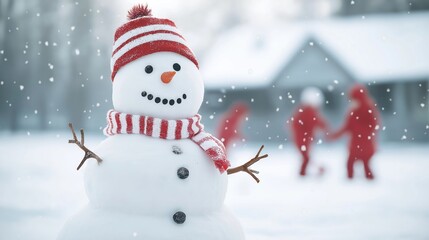 Fototapeta premium Festive snowman stands in snowy winter landscape. Children in red coats play nearby in snowfall. Cozy winter scene. Family time. Playful activity. Snowy day. Festive atmosphere.