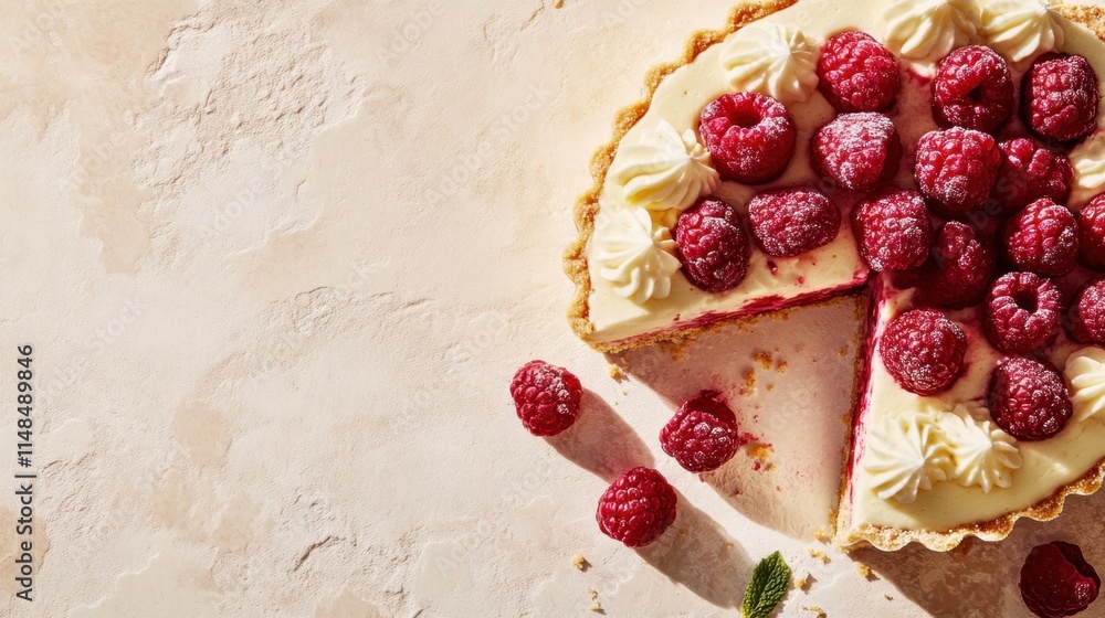 Poster creamy raspberry tart with fresh berries on rustic background
