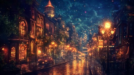 Naklejka premium city at night, glowing skyline, city lights, urban nightlife, illuminated streets