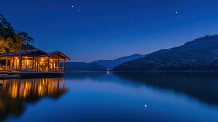 Fototapeta premium Illuminated Lakeside Cabin Under Starry Night Sky