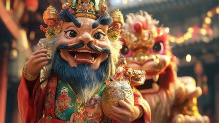 Obraz premium God of Fortune in rich 3D detail, carrying a fortune bag, with a traditional lion puppet emerging vividly from the backdrop.